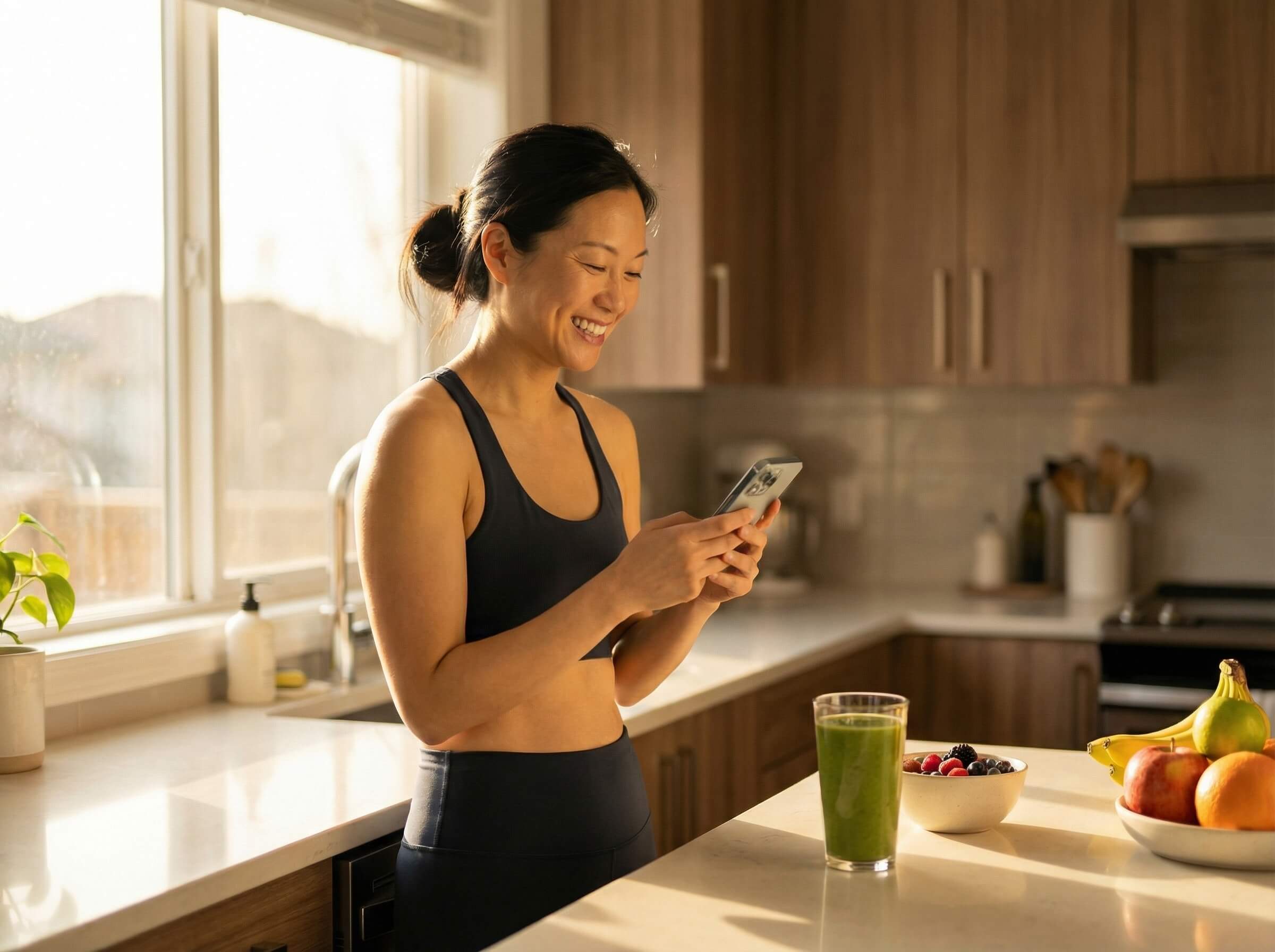 Person checking health progress on smartphone app at kitchen counter