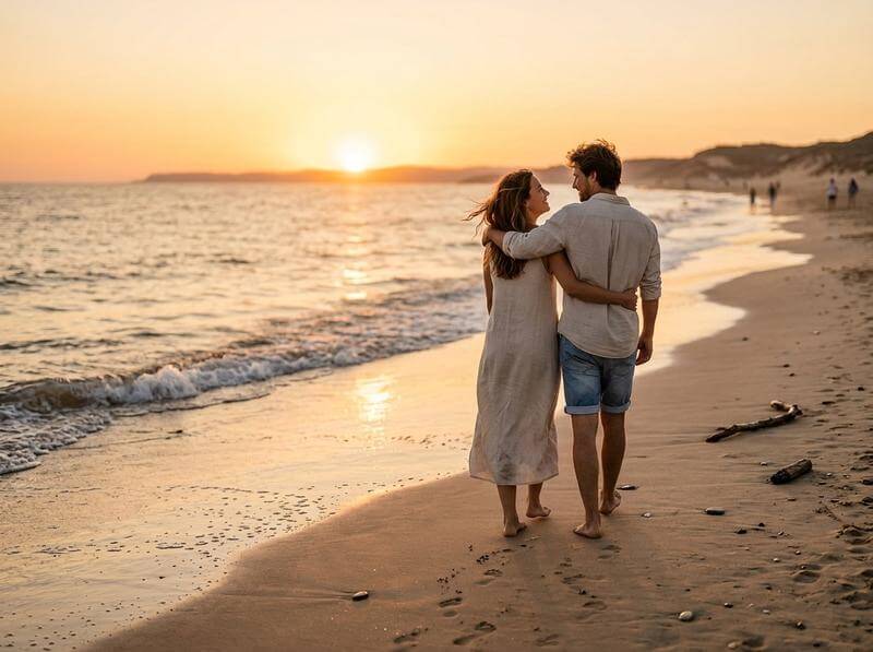 Couple enjoying a sunset walk on the beach with relaxed posture and energy