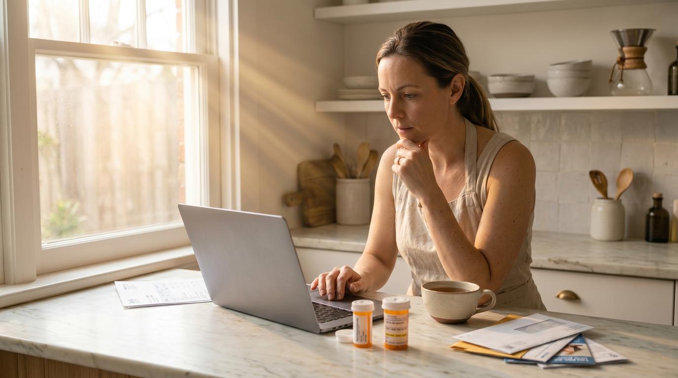 Woman reviewing telehealth options and comparing compounded tirzepatide providers on her phone at home