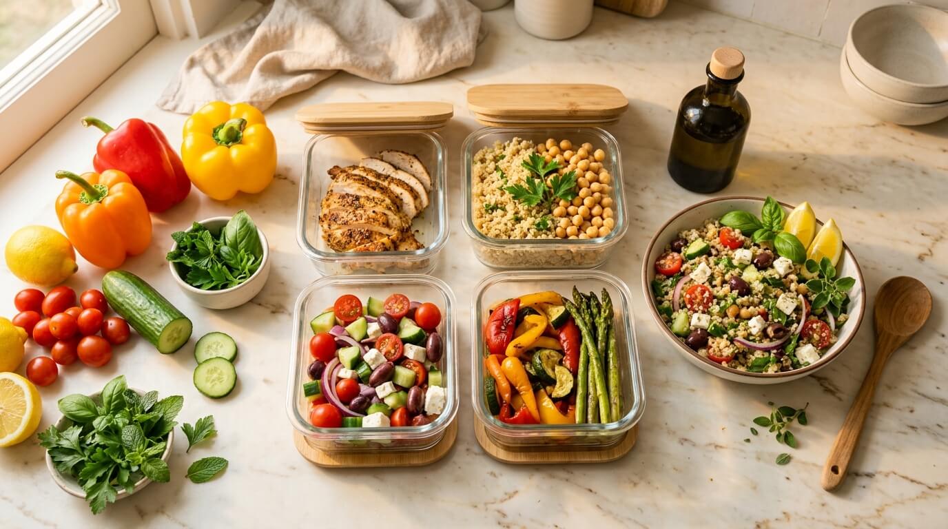 Person meal prepping nutritious foods in a bright, organized kitchen, representing the dietary habits that support semaglutide results during the mid-program phase