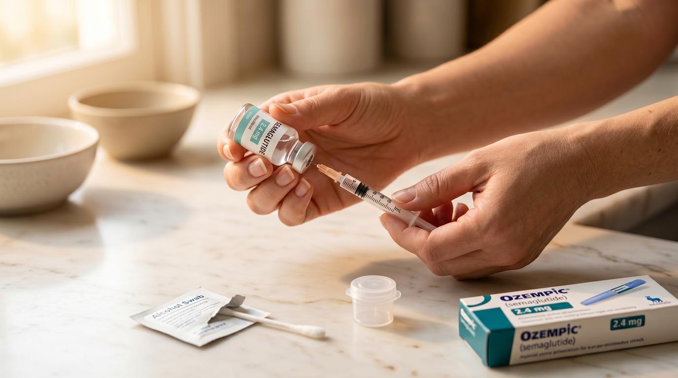 Person carefully inspecting a medication vial in a well-lit home setting before administration, warm cream tones, representing good medication handling habits