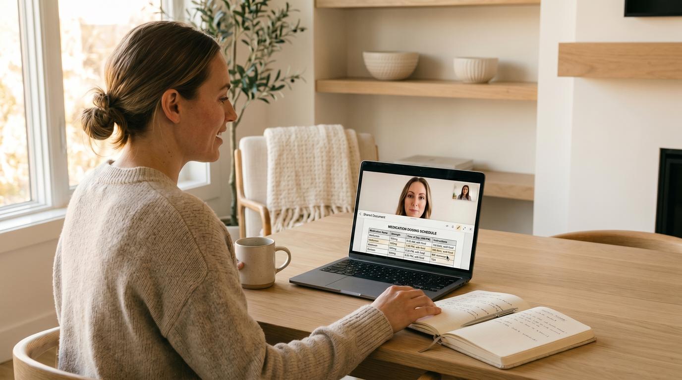 Person consulting with a telehealth provider on a laptop, reviewing their medication schedule together, warm home environment